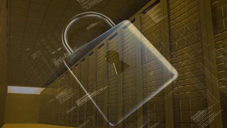 Animation of data processing and padlock over server room