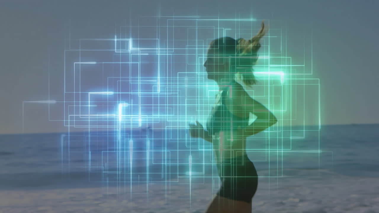 Jogging on beach, woman with digital network animation overlay, staying active