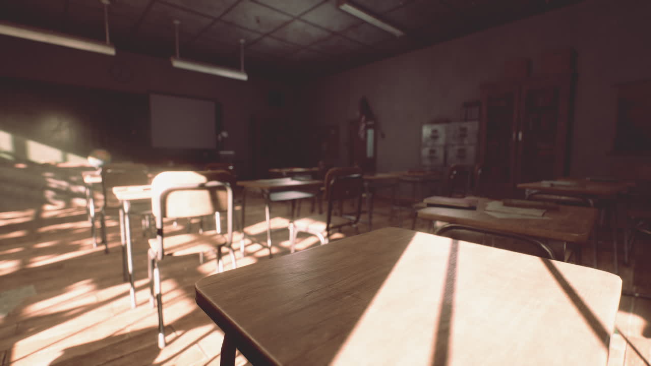 테이블과 작은 블랙보드와  ⁇ 은 벽을 가진 교실을 보십시오.