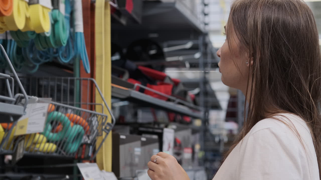 Donna che fa acquisti di attrezzatura per l'esercizio in un negozio