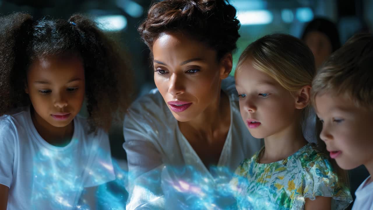 Teacher and Students Interacting with Futuristic Technology