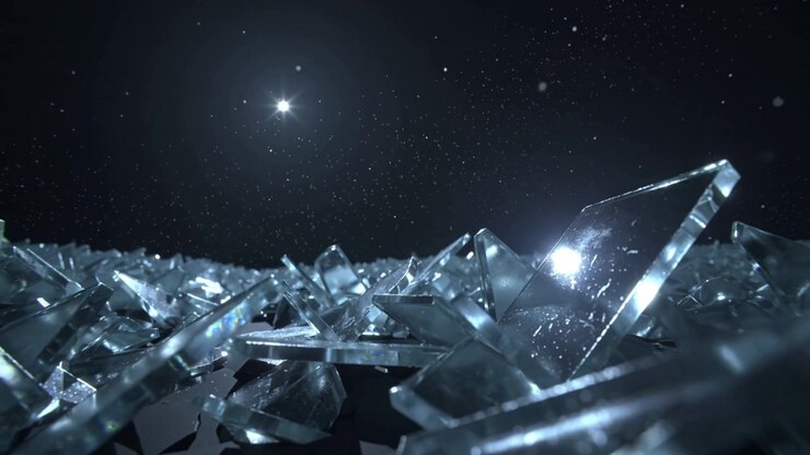 Sliding camera over field of broken glass shards under starry sky, revealing shifting reflections
