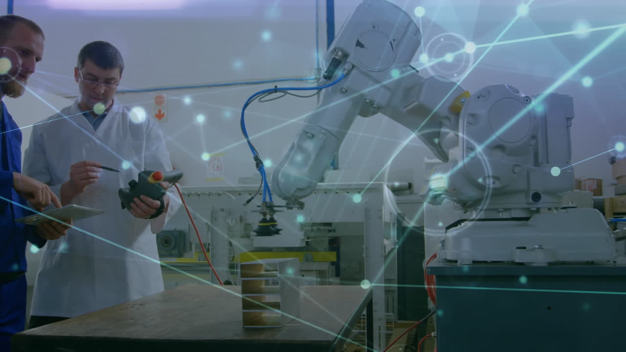 Animation of network of connections over caucasian men working on robot