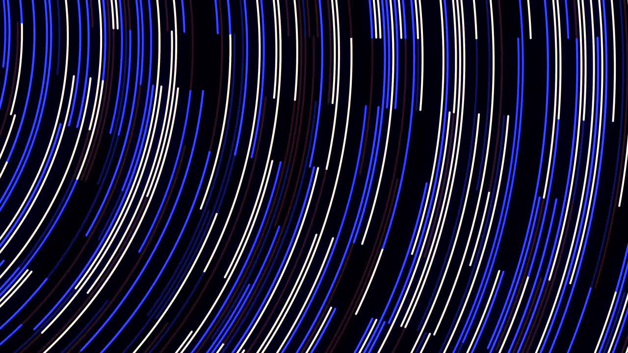 Blue neon stream with striped creative texture. Animation. Abstract bending narrow neon lines flowing on black background, seamless loop