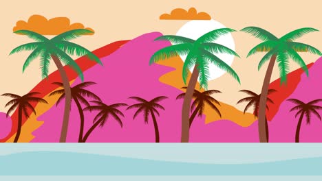 fondo de dibujos animados de la isla tropical durante la puesta de sol de verano con palmeras. playa vacía sin gente. animación de diseño plano, bucle 4k