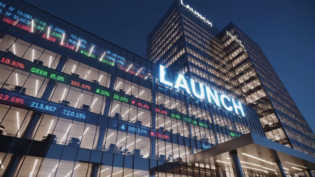 Modern Office Building with Stock Market Display