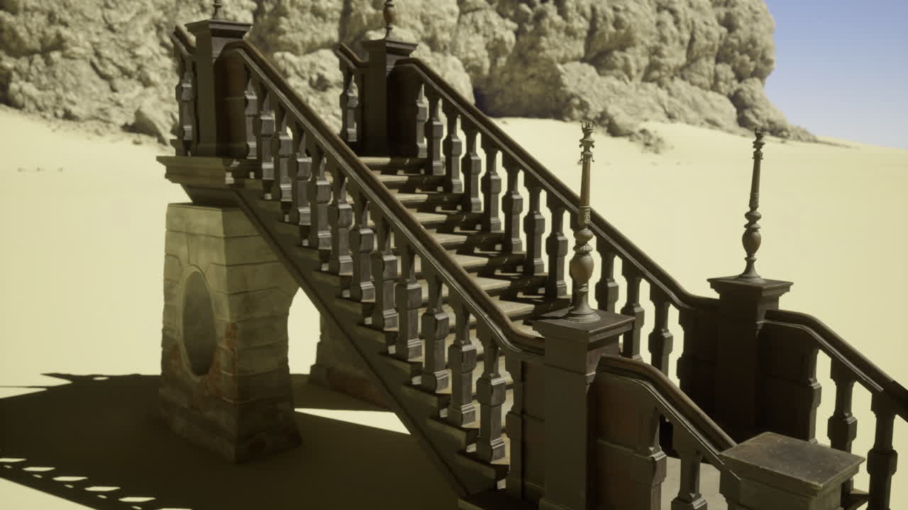 Staircase leading to nowhere amidst barren landscape in bright daylight