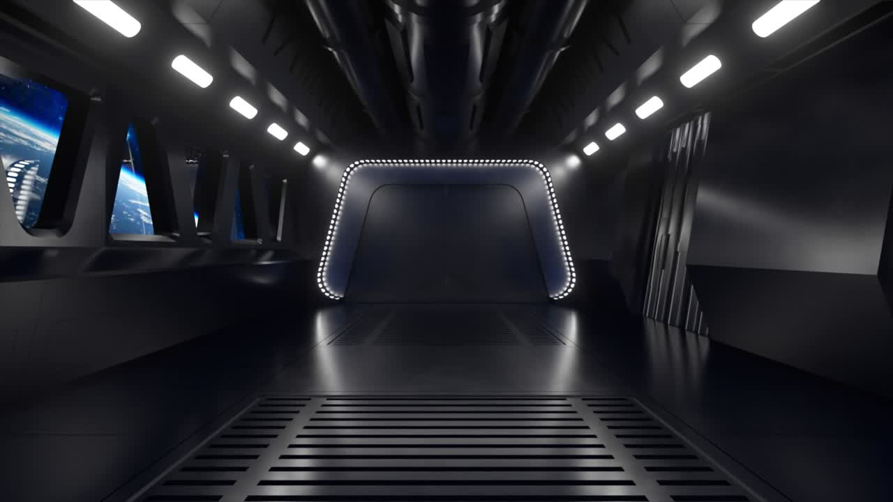 túnel de ciencia ficción en el espacio exterior con luz de neón. planeta tierra fuera de la ventana de la nave espacial. concepto de tecnología espacial. animación 3d de un bucle sin costuras