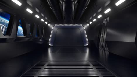 sci-fi tunnel in outer space with neon light. planet earth outside the window of the spaceship. space technology concept. 3d animation of a seamless loop