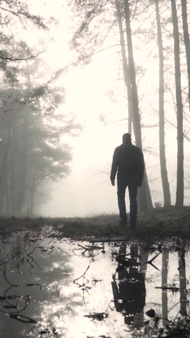 L'uomo che cammina in una foresta nebbiosa