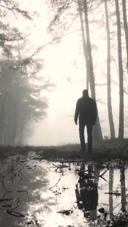 hombre caminando en un bosque de niebla