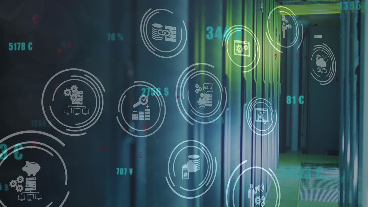 animación de iconos y procesamiento de datos en pantallas de computadora