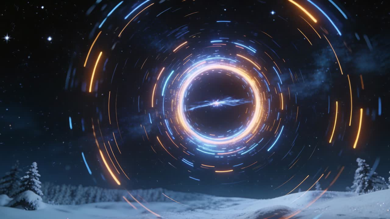 Archi che formano un portale arancione-blu che ruota sopra un campo innevato di notte, emettendo un nucleo luminoso e un disco a spirale