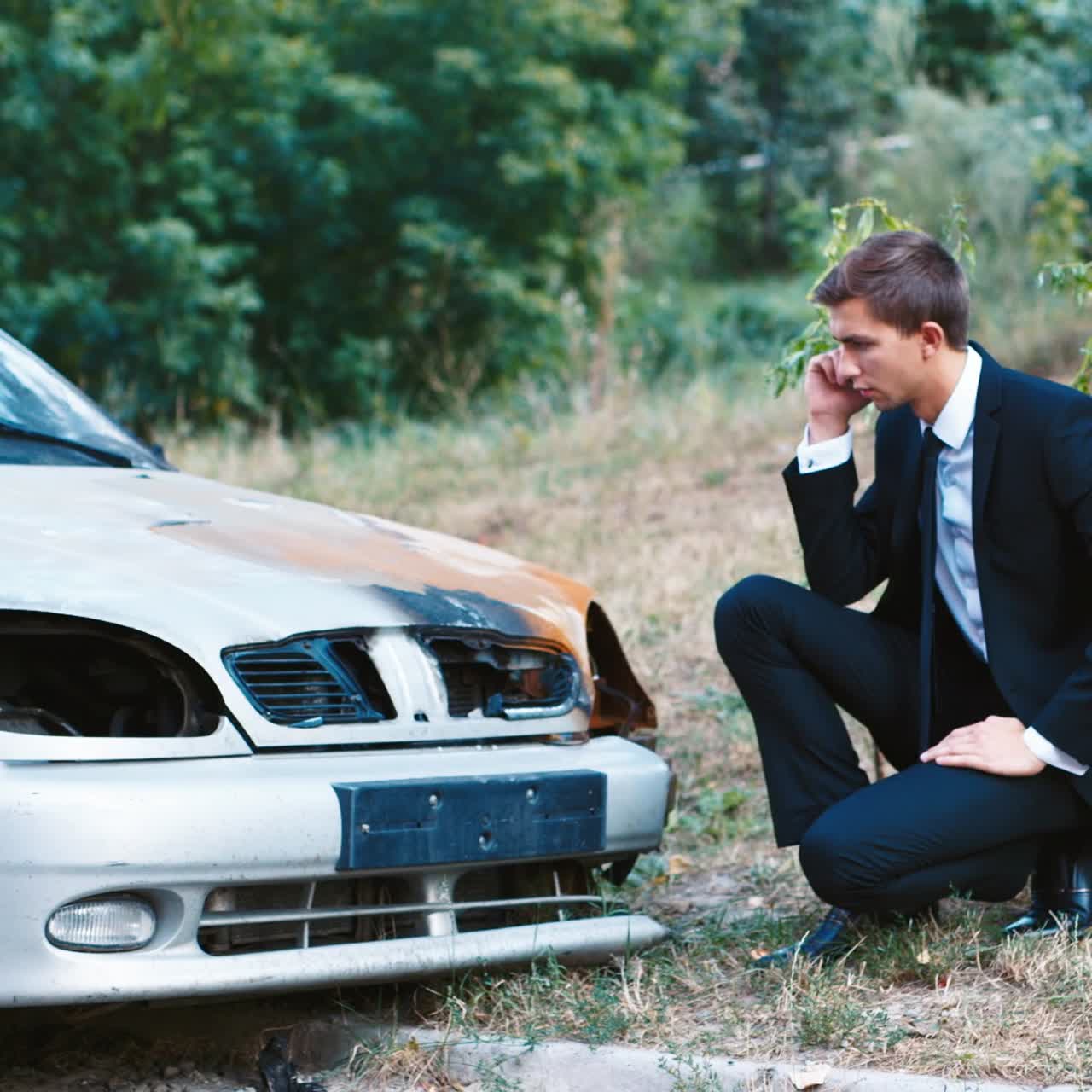 정장을 입은 남자가 사고 후 차를 검사한다