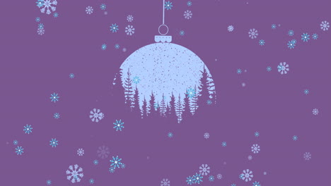 animation of christmas ball over snow falling on pink background