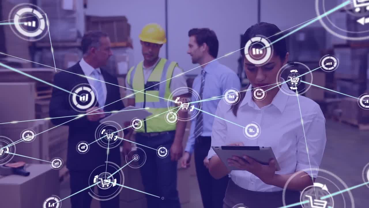 animación de una red de iconos sobre una supervisor femenina biracial usando una tableta digital en el almacén.