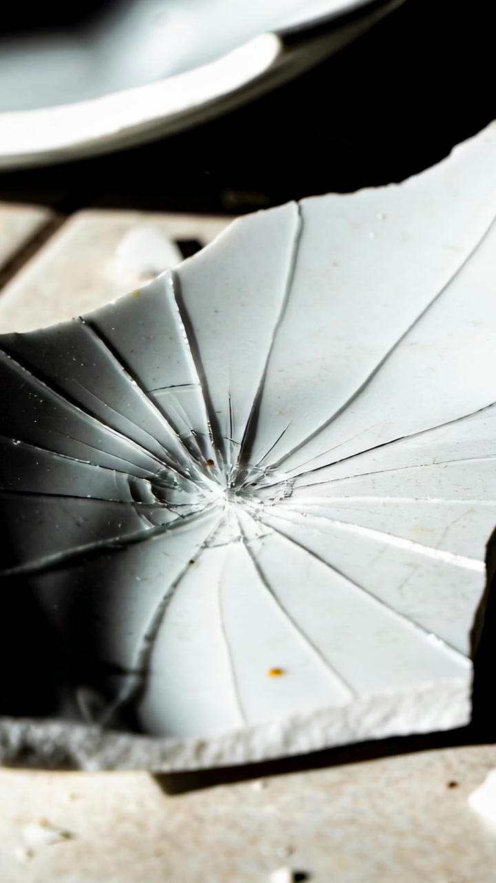 Vertical video: Camera zooming and panning, revealing radial cracks on white shard on tile with rim
