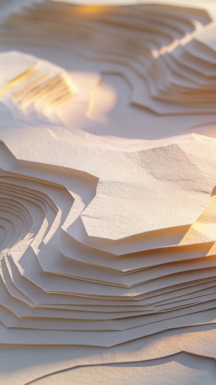 Vertical video: Camera panning over paper relief on studio table, revealing depth with warm light