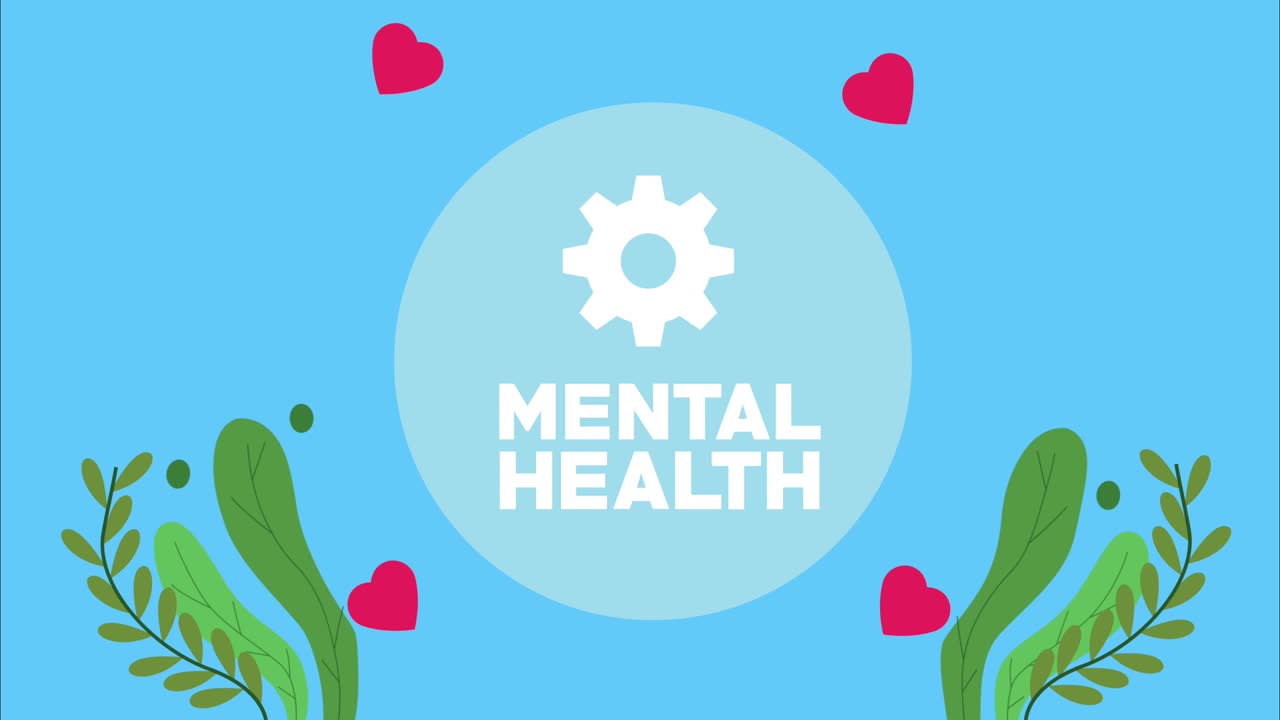 기어와 잎을 가진 정신 건강 글자 애니메이션