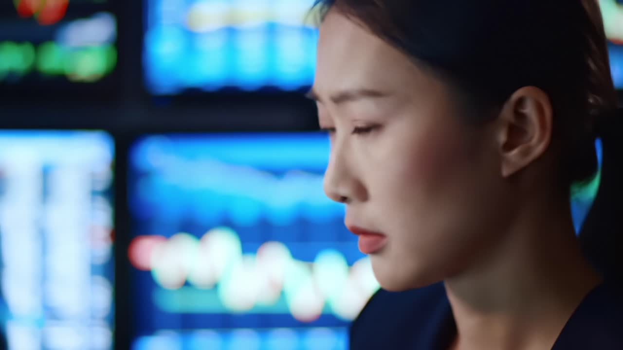 Focused Analyst Monitoring Market Trends and Data in a High-Tech Trading Environment, Demonstrating Precision and Intense Concentration in Financial Analysis