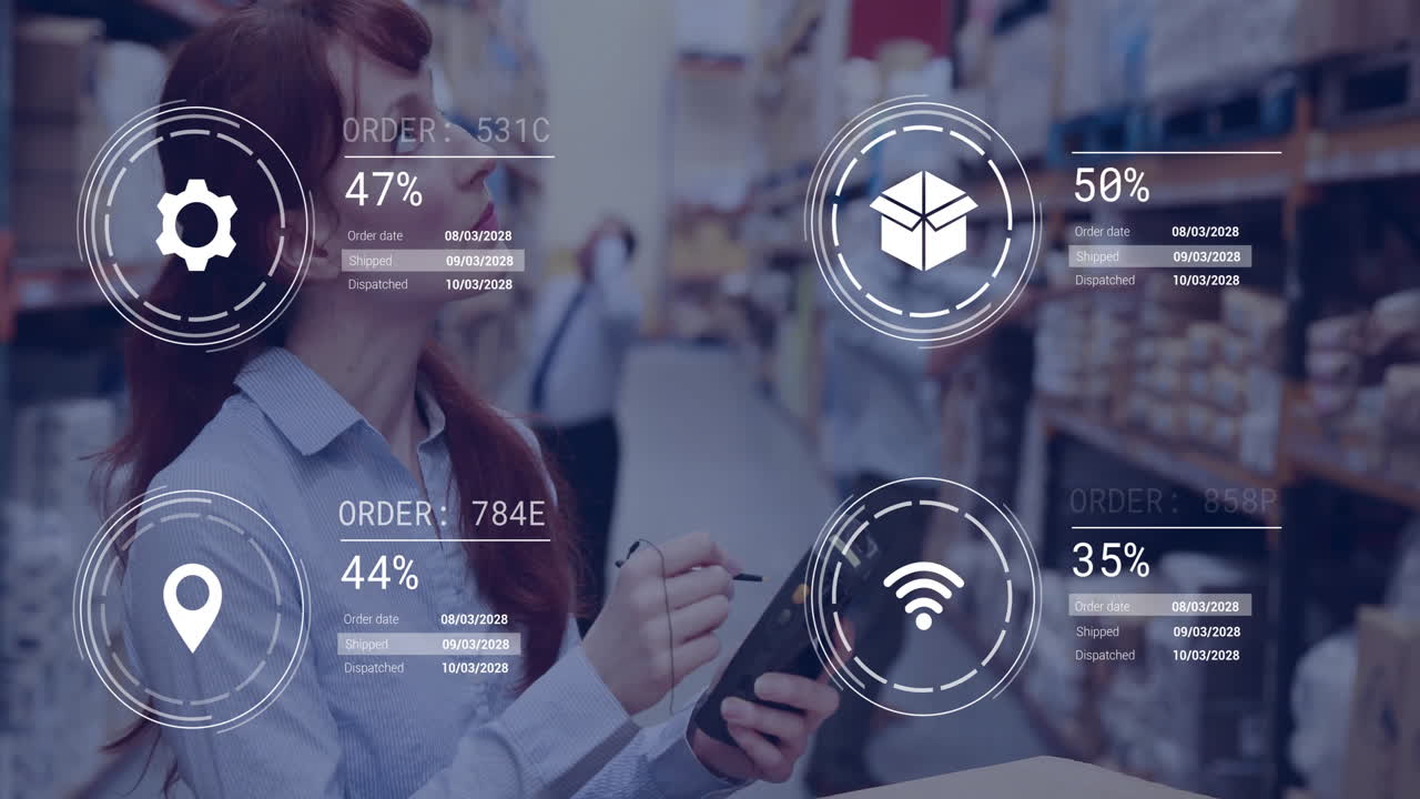 Warehouse worker using digital device with order processing data overlay animation