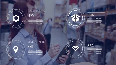 warehouse worker using digital device with order processing data overlay animation