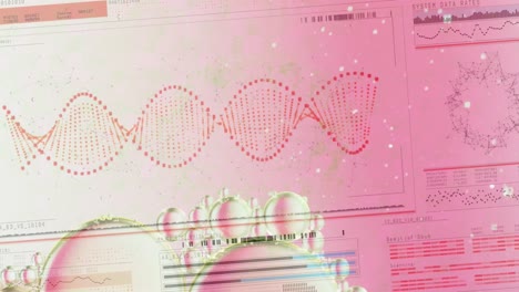 animación de burbujas sobre cadena de adn y procesamiento de datos en fondo rosa.