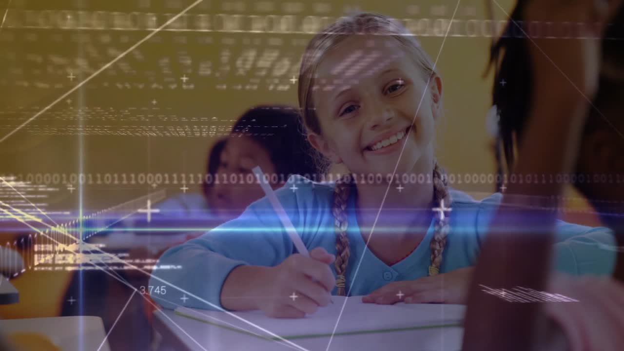 Schoolgirl writing notebook as binary code overlay intensifying, pausing and smiling at teacher