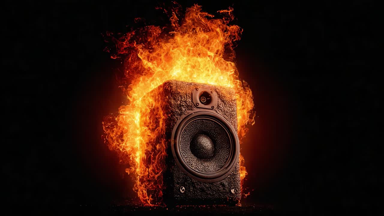 Una Trasformazione Ardente: Il viaggio di un altoparlante avvolto dalle fiamme cattura l'intensità del suono e dell'energia, fondendo musica con spettacolo visivo in una presentazione unica