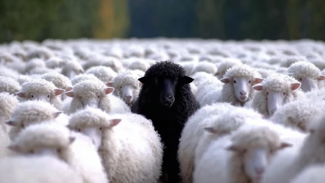 A Striking Contrast in Pastoral Life: The Unique Presence of a Black Sheep Amidst a Sea of White Sheep, Highlighting Diversity in Nature and Farming Practices