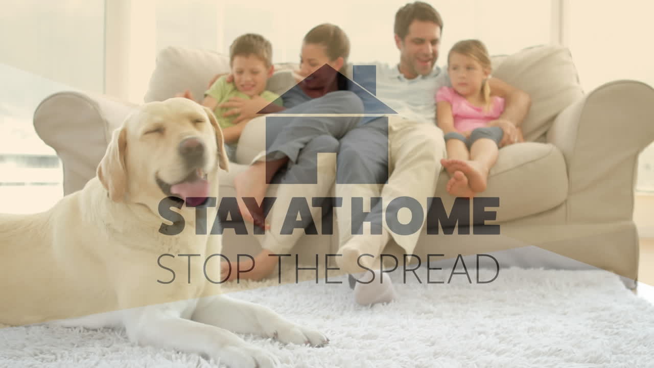 단어의 애니메이션은 집에 머물고 소파에 가족을 통해 쓰여진 확산을 멈추십시오.