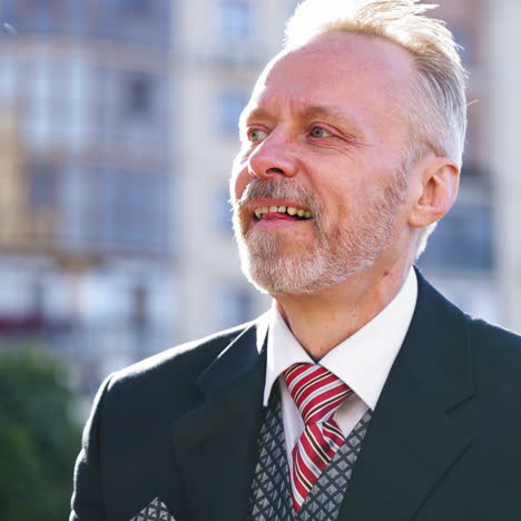 face of mature businessman in glasses. middle aged man in elegant costume putting on his eyeglasses and posing to camera outdoors.