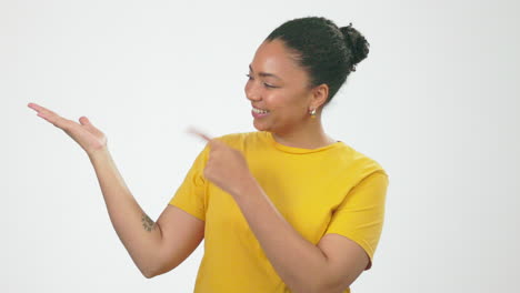 Hand,-pointing-and-happy-with-black-woman