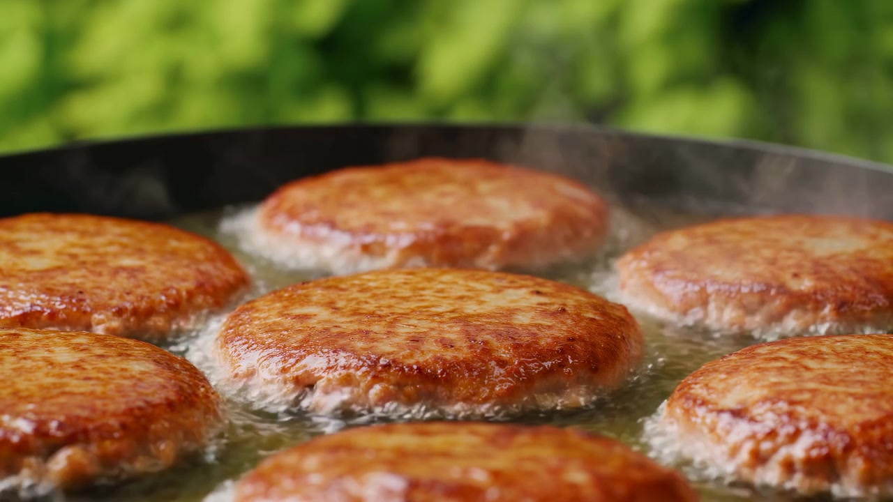 Several browned patties continue frying in shallow oil, surrounded by vigorous bubbling and gentle steam while a close low-angle view keeps green leaves softly blurred behind them.