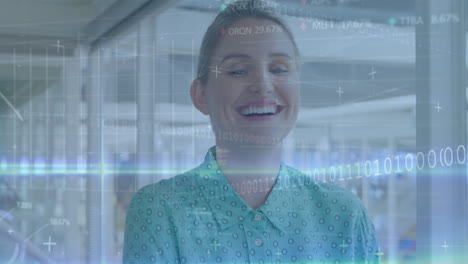 animation of financial data processing over caucasian businesswoman in office