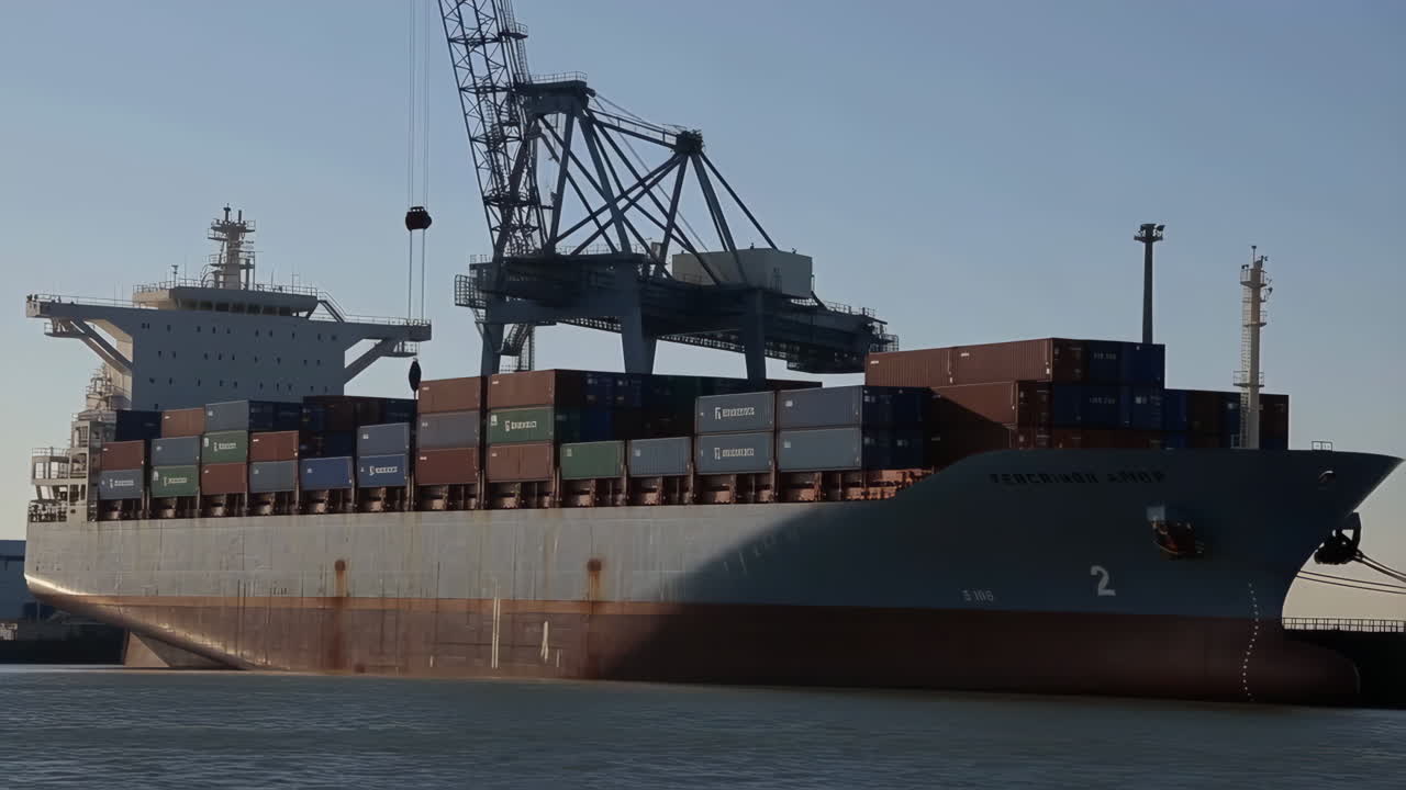 A large container ship docked at a port with a gantry crane operating nearby