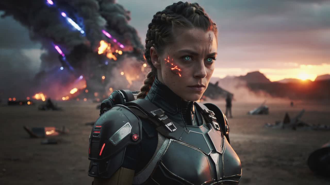 A Futuristic Female Warrior in a Post-Apocalyptic Battle Scene