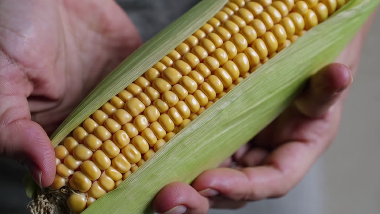 Hands holding and peeling a fresh ear of corn