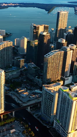 beautiful skyscrapers in the downtown of miami in the rays of sun. scenic view the city on the shore of the atlantic ocean from top perspective. vertical video
