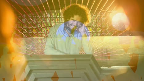 digital animation showing smiling disco jockey mixing music in pub 4k