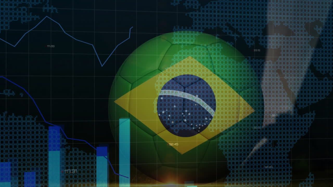 Brasiliansk flag på fodbold overlejrer finansielle grafer og verdenskortanimation.