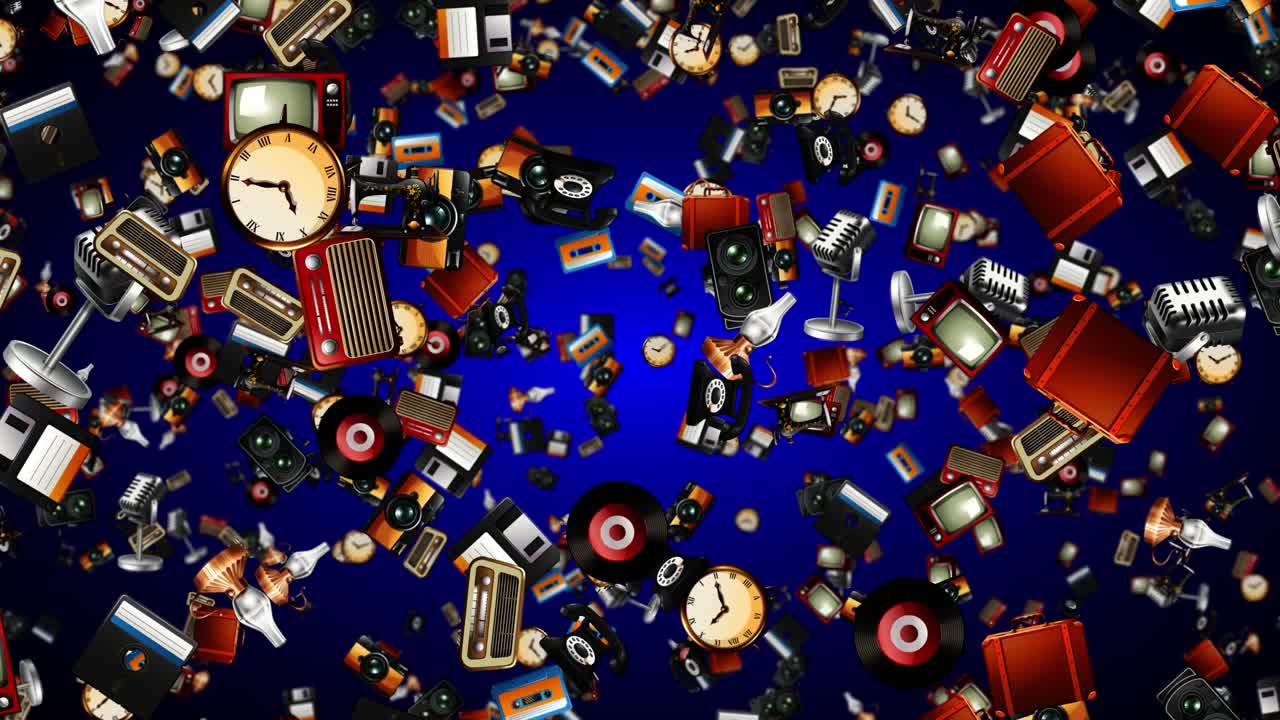 Stylized vintage electronics and analog technology cascade downward through a deep blue gradient space