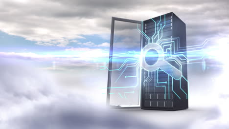server tower with magnifying glass on cloudy sky background
