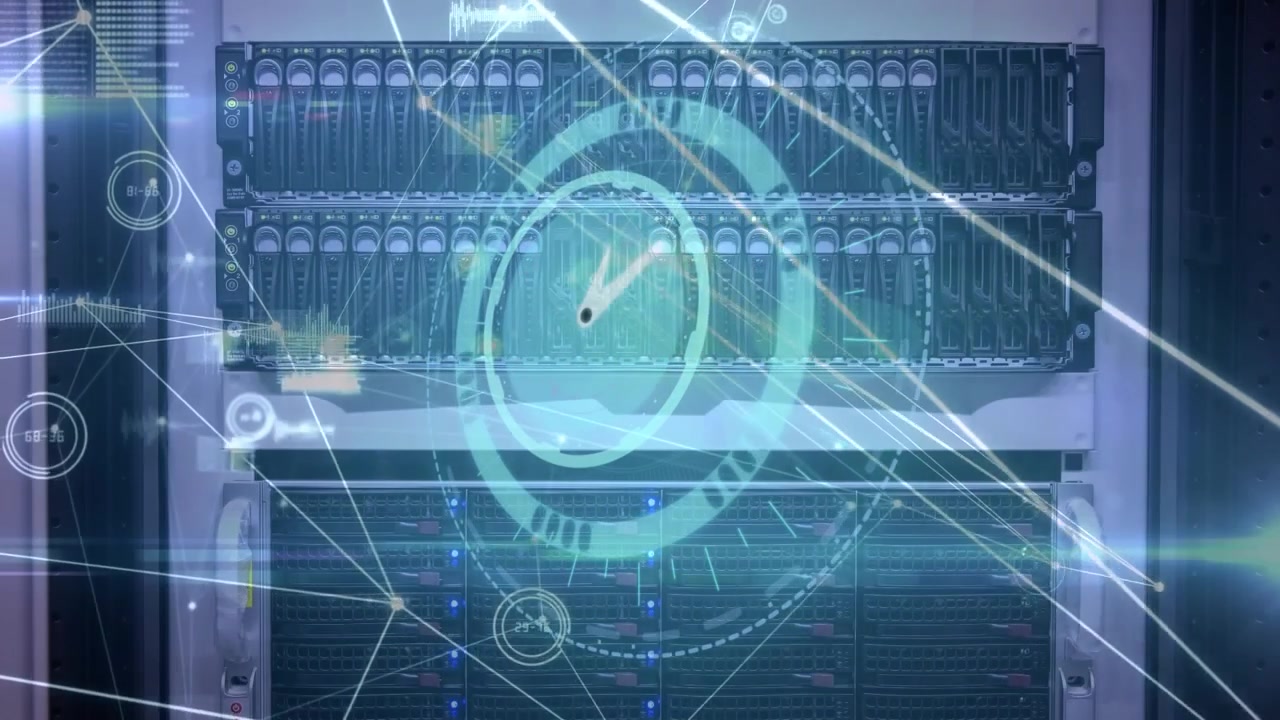Animation of ticking clock over round scanner and network of connections against server room