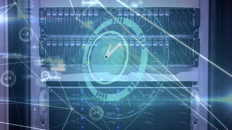 Animation of ticking clock over round scanner and network of connections against server room