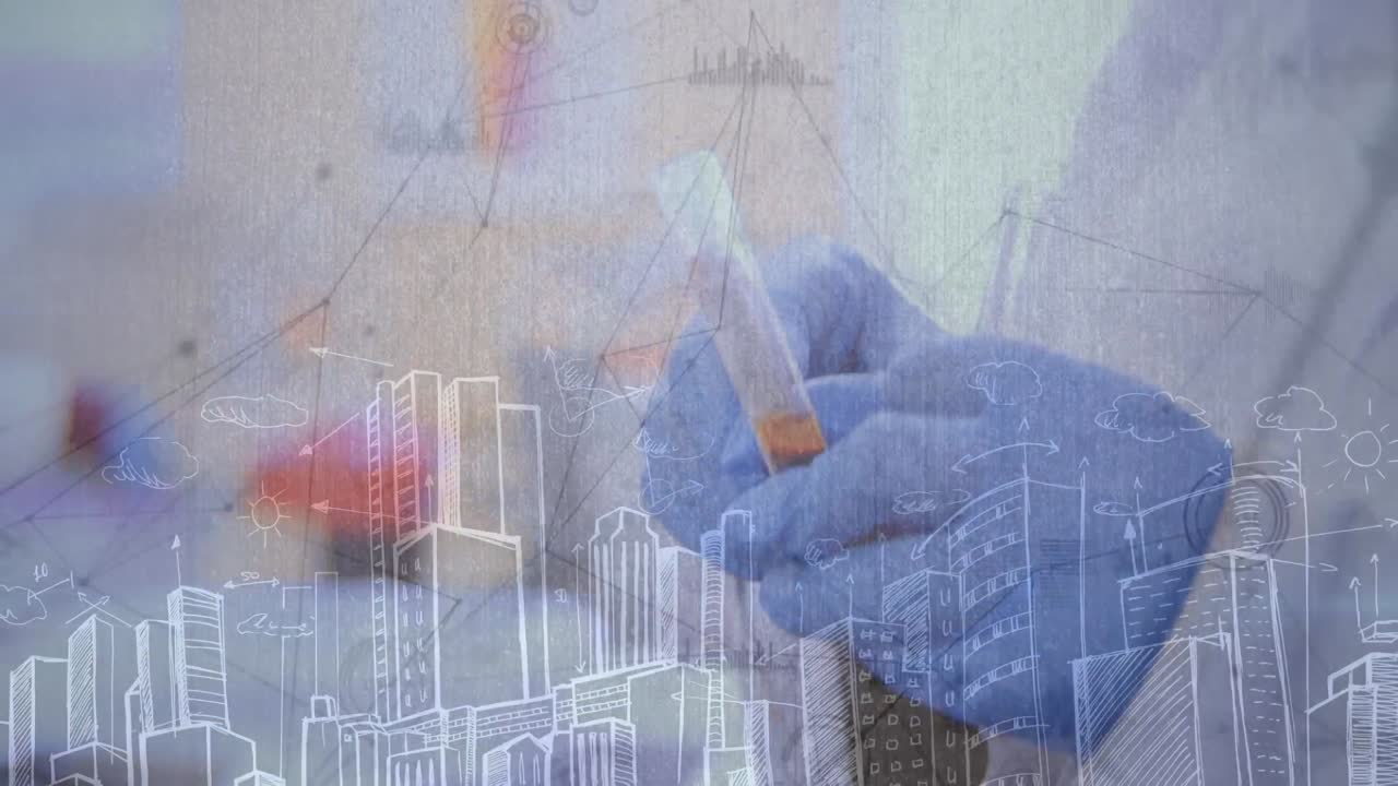 ⁇ 플과 함께 실험실 직원의 손을 통해 연결 네트워크의 애니메이션