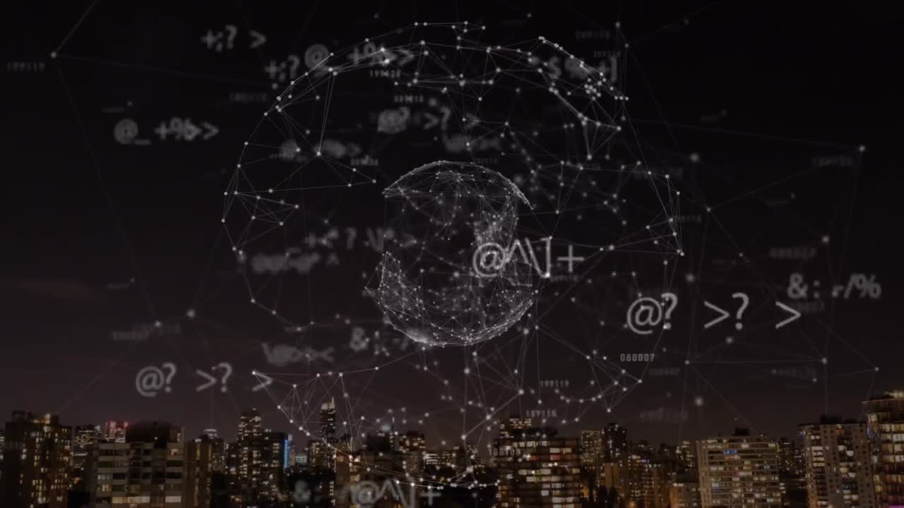 밤의 도시 풍경과 연결된 네트워크의 애니메이션