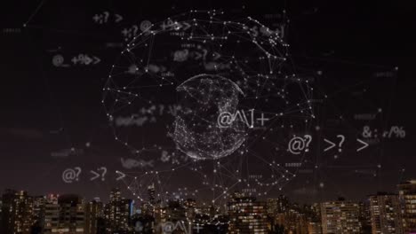 animación de la red de conexiones con el globo sobre el paisaje urbano nocturno