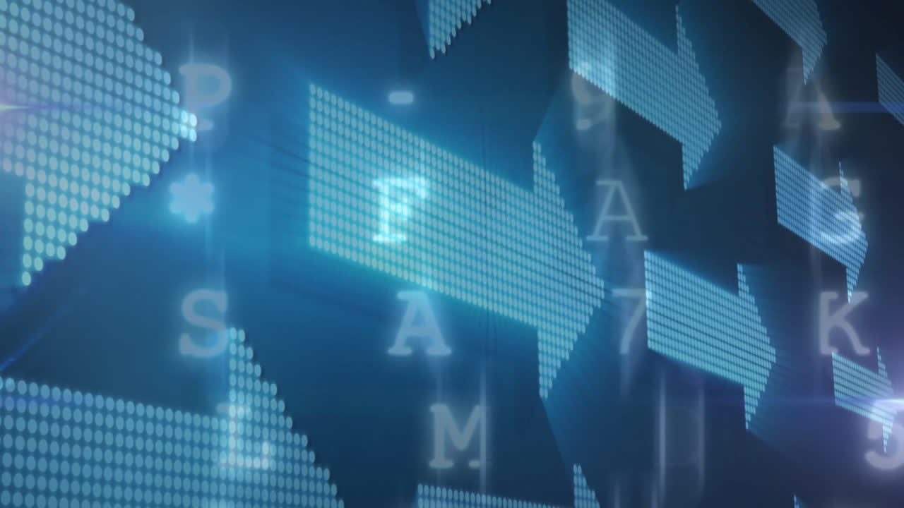 Animation of arrows and digital data processing on dark background