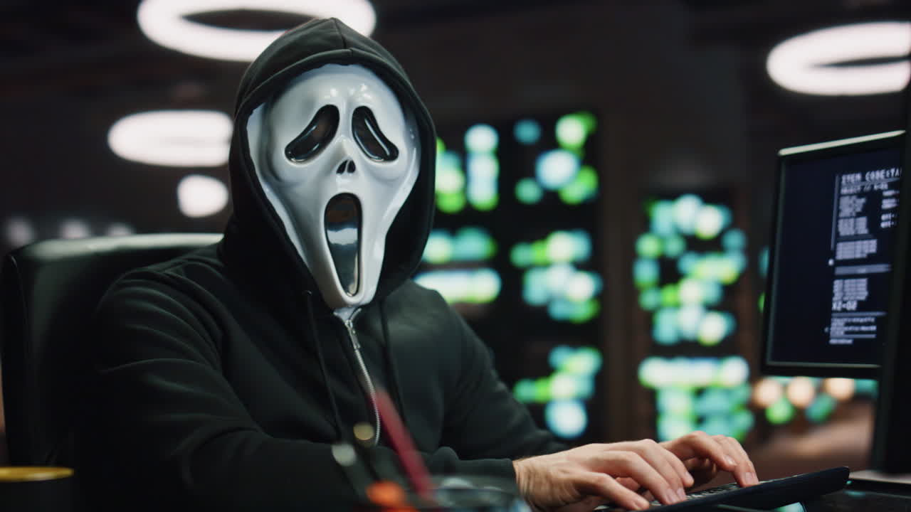 Hacker man breaking cybersecurity at night place closeup. Cybercriminal reading